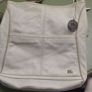 The Sak Cream Leather Shoulder Bag with Logo Charm